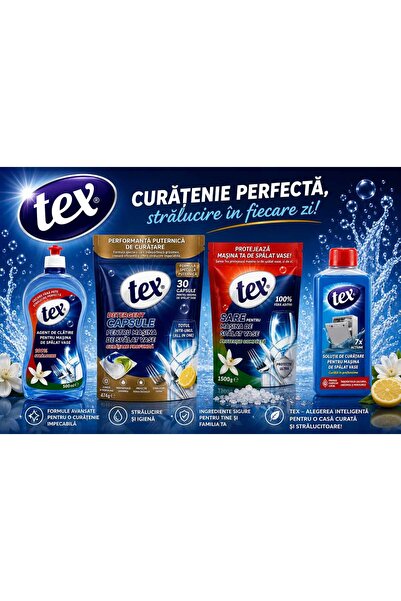 Tex pachet masina de spalat vase:30 Capsule+Solutie clatire 500ML+Sare 1.5kg+...