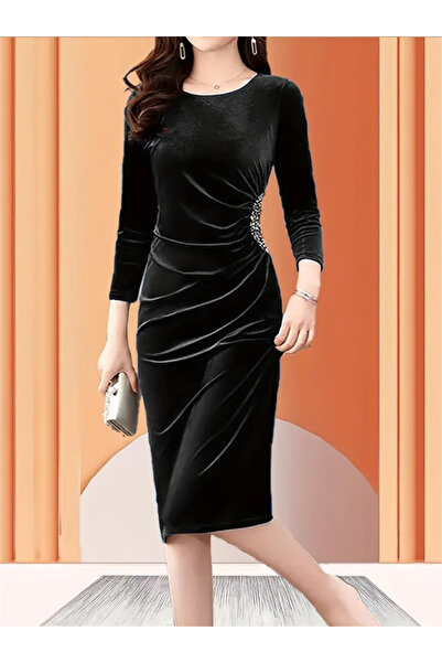 pazarella Women's Long Sleeve Boot-Neck Side Stone-Detail Midi Velvet Dress