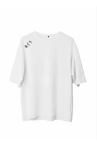 Wear Up Unisex T-Shirt Oversize με Μπισκότο Λαιμόκοψη και Μοτίβο - Λευκό