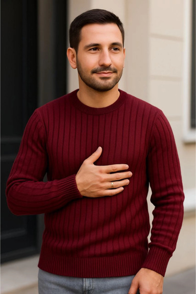 Gökyüzü Moda Men's Corded Fabric Sweater Sweater Set of 3 White Claret Red Bl...