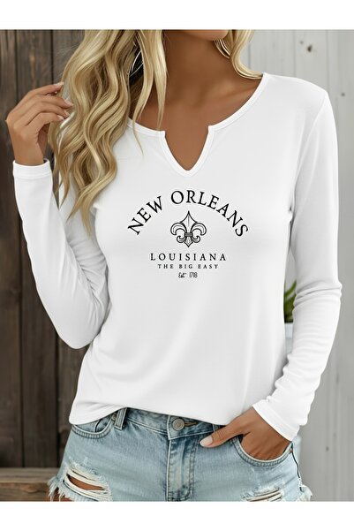 mercoledi Text Printed Cotton Half V-Neck Long Sleeve Blouse
