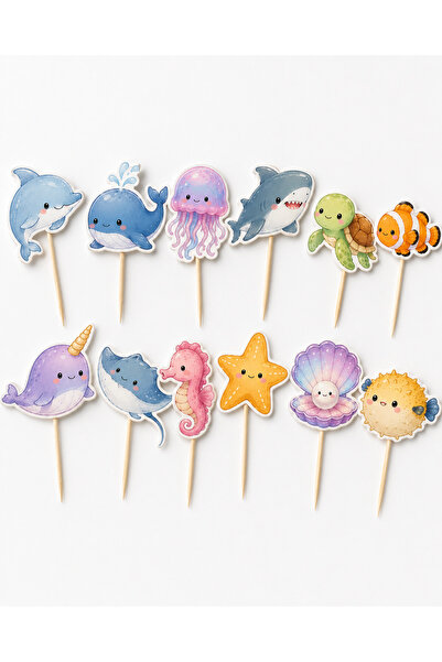BieneGift 12'li Deniz Temalı Kek Pasta Topper Seti | Sevimli Pasta Süsü Çubuk...