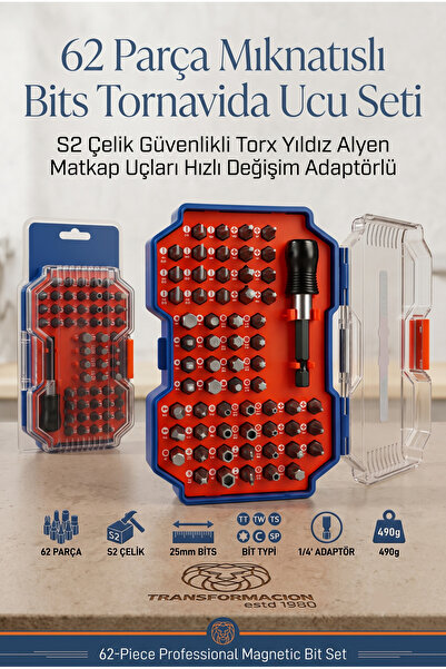 Transformacion 62 Parça Profesyonel Mıknatıslı Bits Tornavida Ucu Seti S2 Çel...