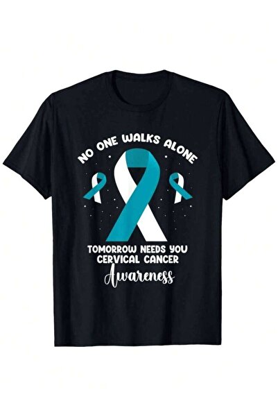 LİNA06 No One Walks Alone White Teal Cervical Cancer Awareness Loose Style Ne...