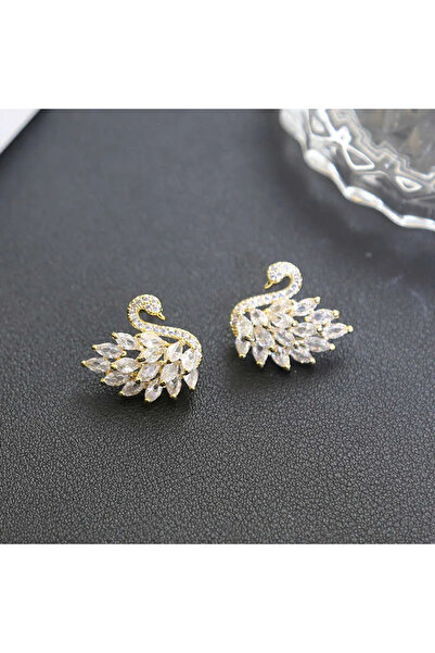 ANGELSS JEWELLERY White Zircon Stone Gold Swan Model Women's Earrings White S...