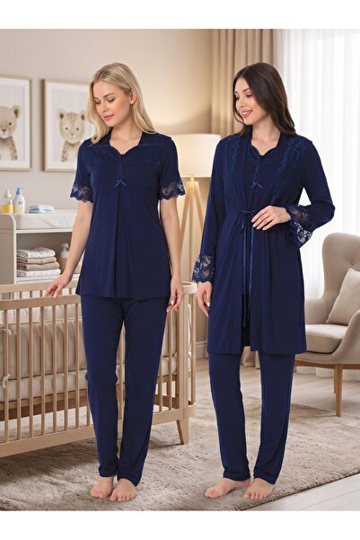 Lohussa New Season Navy Blue Lace Detailed Buttoned Design Short Sleeve 100% ...