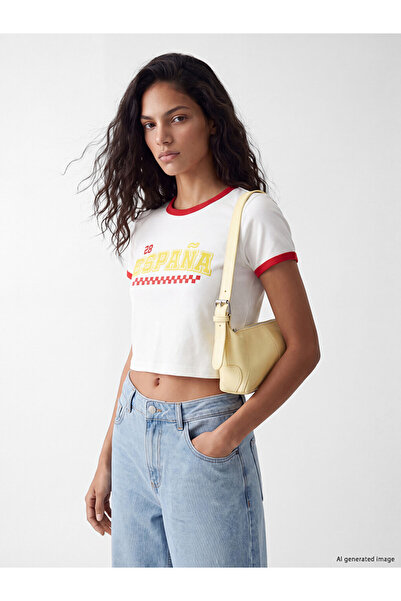 LC Waikiki White Crew Neck Printed Women's Crop