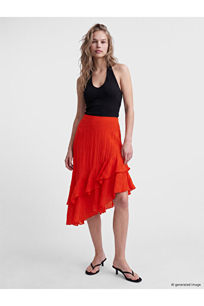 LC Waikiki Red Asymmetrical Cut Flounce Muslin Skirt with Zipper at the Waist