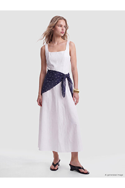 LC Waikiki White Square Neck Flared Dress with Scarf