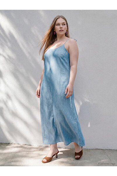 LC Waikiki Blue Plus Size U-Neck Rope Strap Jean Dress