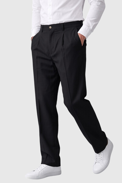 DeepSEA Black Men's Comfortable Fit Single Pleated Fabric Trousers with Elast...
