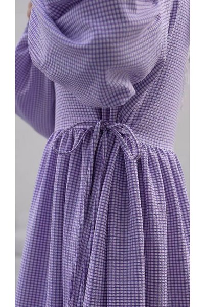 inci wears Purple Gingham Patterned Seersucker Fabric Hijab Dress with Waist Tie
