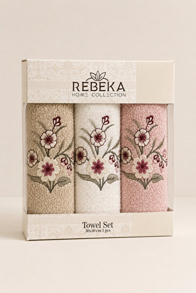 Rebeka Home Collection Pera Flower Embroidered 3-Piece Boxed Face Towel Set 3...
