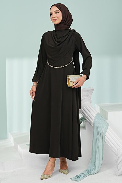 İmajButik Bitter Brown Shoulder Shawl Detailed Chain Belted Dress