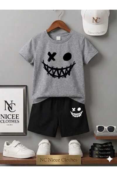 Leto Lykia Summer Children's T-Shirt Shorts Unisex (Black Smiley Printed)