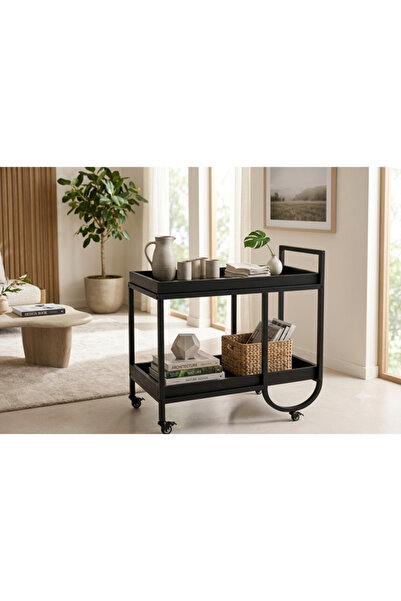 DEC22 Modern Rove Wooden Trolley with Metal Legs and Movable Wheels