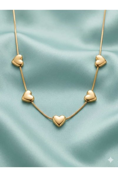 Çelik Gold Color Rowed Curved Heart Choker Necklace