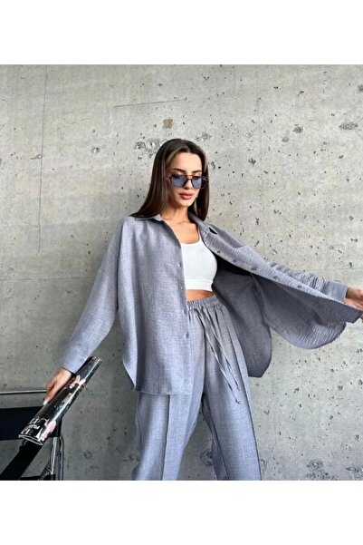 ginger love Women's Double Pocket Oversize Shirt and Pants Set – Gray