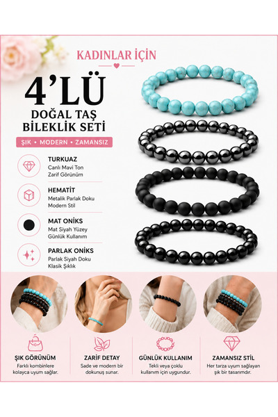 Kusakli Women's 4-Piece Hematite, Onyx and Lava Stone Natural Stone Bracelet Set
