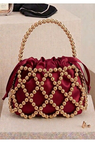 By Melis Atdemir Gold Boncuklu Bordo Abiye Gece Çantası Taşlı Çanta (Lumière ...