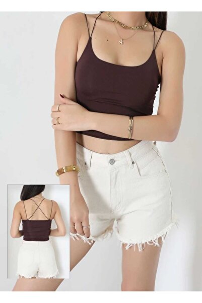 f.kereci Women's Brown Thin Strap Basic Undershirt Crew Neck Stretchy Cotton ...