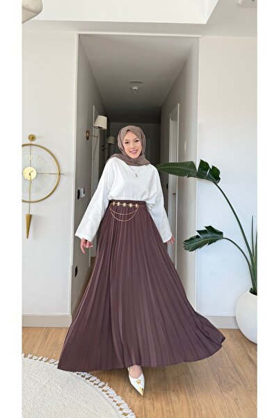NİLNUR MODA تنورة ميدينا حريرية مطوية وواسعة من نيو سيزون (الحزام الذهبي هدية)