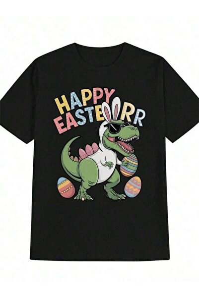 k222 تي شيرت Happy Easter Dinosaur للرجال برقبة دائرية، قماش قطني محبوك مع تم...