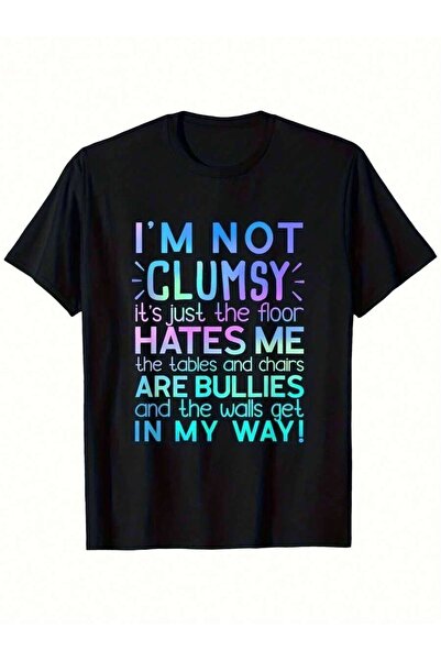 9JY تي شيرت بطباعة مضحكة بعبارة "I'M NOT CLUMSY" بتصميم نصي ملون بألوان قوس ق...