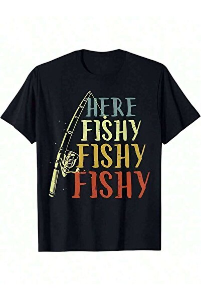 9JY تي شيرت رجالي بطبعة "Here Fishy Fishy" - أسود برقبة دائرية، قماش ناعم للج...