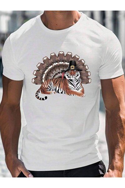 4CR Casual Round Neck Featuring A Pilgrim Hat, Short Sleeves, Face Wild T-Shi...