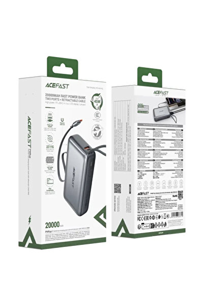 Acefast بنك طاقة M34 بسعة 20000 مللي أمبير مع شحن سريع 45 واط وكابل USB-C مدمج