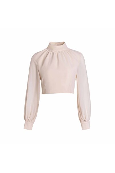 2TRENDY Women's High Collar Long Sleeve Crop Top Blouse Light Beige