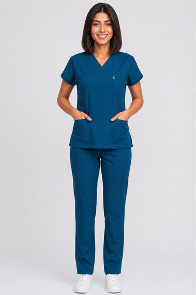 DENİZ İŞ Women's V-Neck Bat Sleeve Flexible Cotton Linda Fabric Scrubs Set wi...