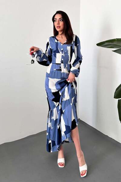 Moda Days فستان ماكسي نسائي أزرق منقوش برقبة على شكل حرف V وأكمام طويلة وخصر ...