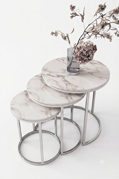 YY STORE 3lü C Zigon Sehpa Gümüş MERMER DESEN MDF