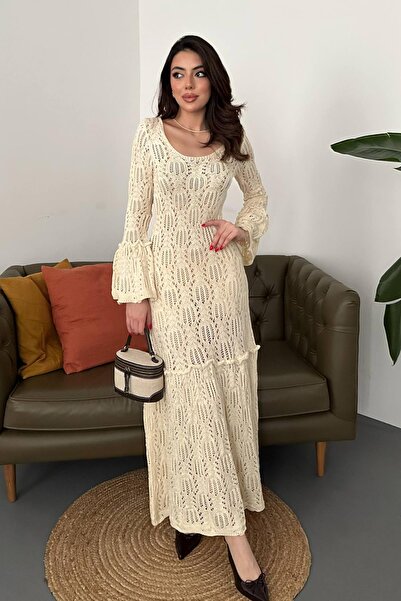 Clothes Fast Γυναικείο μπεζ μάξι πλεκτό φόρεμα με διάτρητο πλεκτό σχέδιο, λαι...