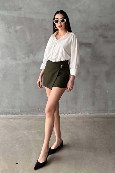 Clothes Fast Γυναικεία Σορτς Φούστα Χακί Ασύμμετρη Μίνι Ψηλόμεση με Κούμπωμα ...