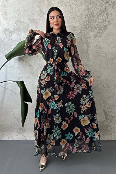 Moda Days قميص نسائي من الشيفون الأسود بنقشة الزهور مع ياقة وحزام وأكمام طويلة