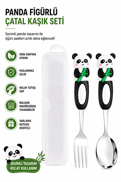 jojobebek Panda Stainless Steel Baby Fork and Spoon Set with Rabbit Figure – ...