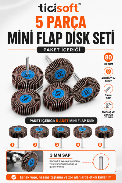 Ticisoft Saplı Mop Alüminyum Oksit Fırfır Zımpara 80 Kum 32 mm Dremel ve Grav...
