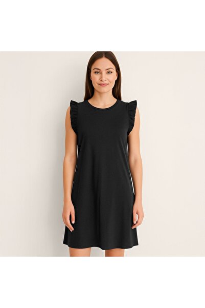 OEM Rochie de vară neagră pentru femei - din bumbac, cu decolteu rotund și mâ...