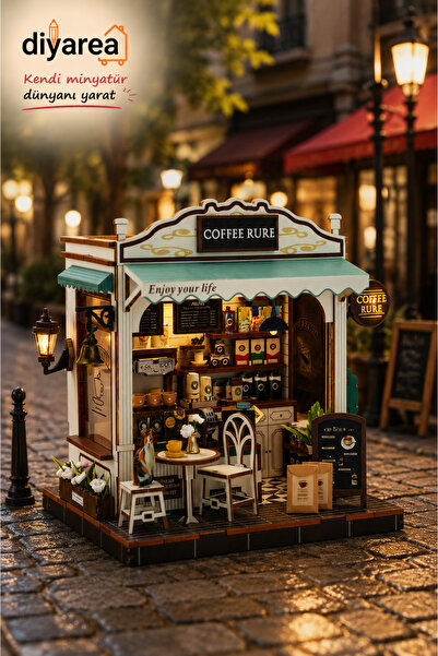 Diyarea Köşedeki Kahveci LED Işıklı Ahşap Minyatür Maket Kiti – 3D Puzzle Ken...