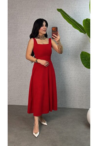 Modayakamoz Women's Strappy Square Collar Long Crepe Dress with Tie Detail at...