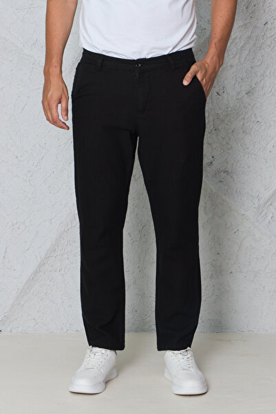 Siyah İz Men's Black Linen Trousers with Elastic Waist, Comfortable Fit, Summ...