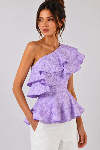 2TRENDY Women's One Shoulder Ruffle Peplum Blouse Light Mulberry Color