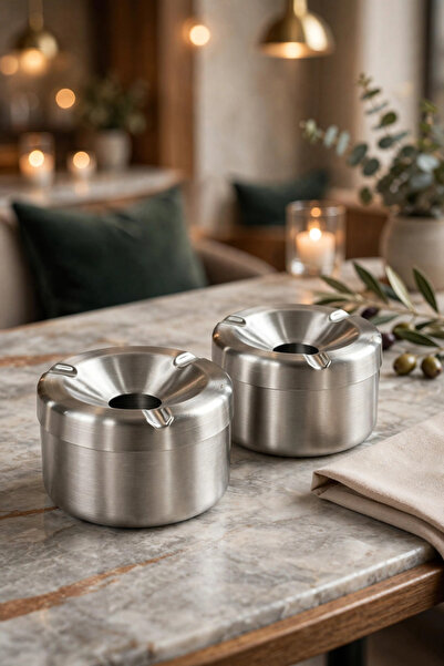 Vipinox 2-Pack Aegean Luxury Ashtray with Silver Lid, Odorless Stainless Stee...