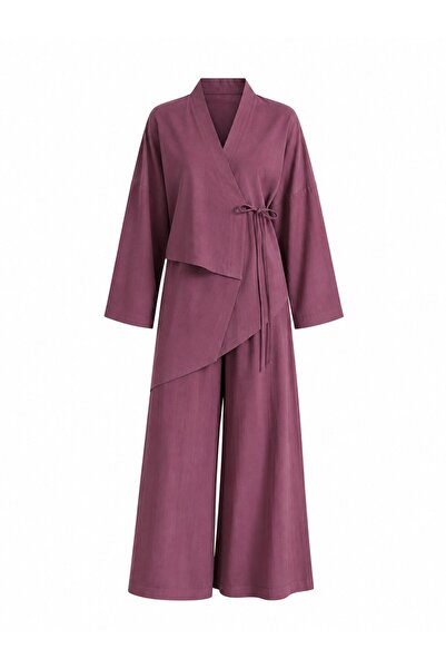 Laluvia Dusty Rose Kimono Set with Waist Design Detail - Tk8009