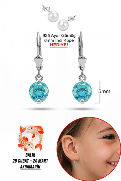 klas gümüş 925 Ayar Gümüş Çocuk Küpesi |5 mm Akuamarin Taşlı Sallantılı Küpe ...
