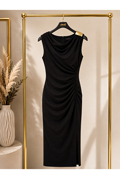 Parkur Draped Zero-Sleeve Midi Dress with Gold Shoulder Accessories – Black