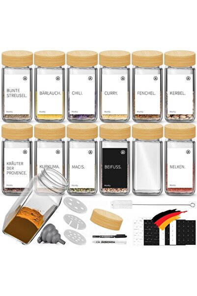 OEM Glass Spice Jars Set 12-Pack, 120 ml, Bamboo Lid, Rectangular Dispenser